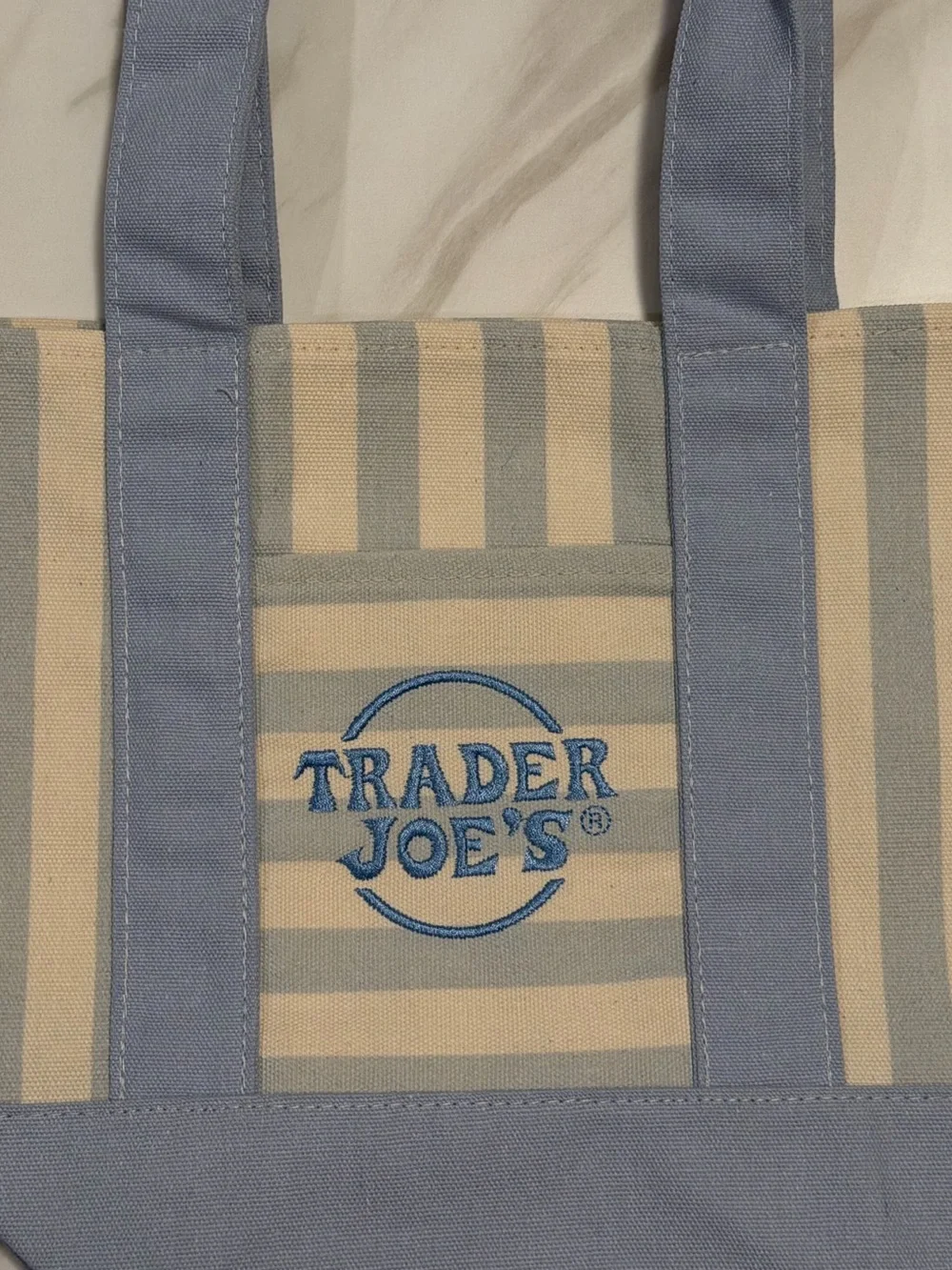 Trader Joe's Canvas Stripe Tote in Light Blue and Cream